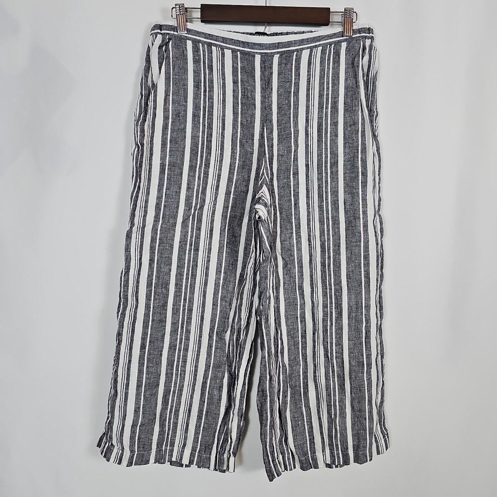 Ellen Tracy 100% Linen Cropped Pants Women Medium Striped Gray Wide Leg Stretch